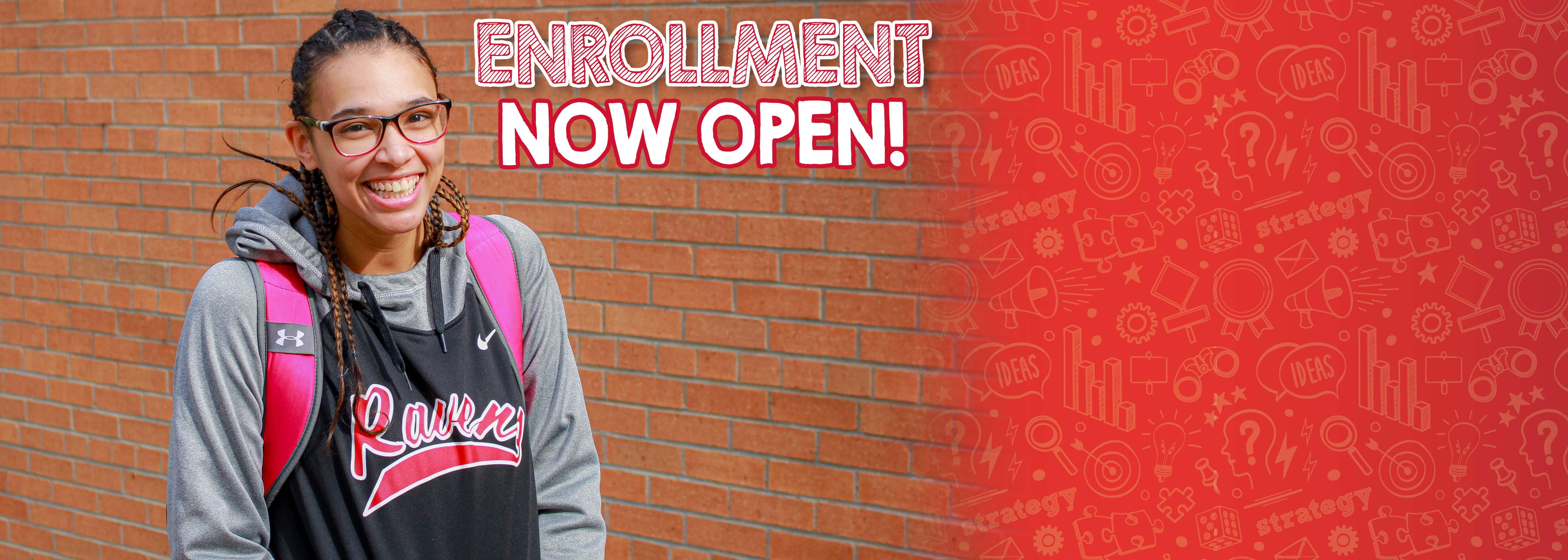 Student Posing for a Photo With Text Stating That Spring Enrollment Now Open