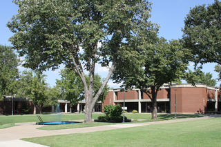 Wide View of Campus Courtyard Looking Toward Library
